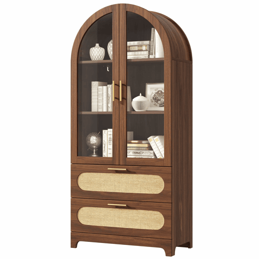 Vitrine-biblioteca 175 x 80 x 40 cm - Arco Montmartre, 2 gavetas, prateleiras ajustáveis, design retro - Nogueira