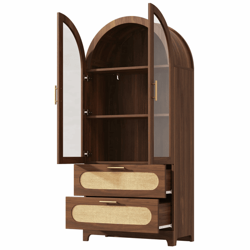 Vitrine-biblioteca 175 x 80 x 40 cm - Arco Montmartre, 2 gavetas, prateleiras ajustáveis, design retro - Nogueira