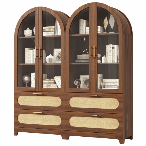 Vitrine-livraria 175 x 80 x 40 cm - design retro com 2 arcos Montmartre, 2 gavetas e prateleiras ajustáveis - nogueira