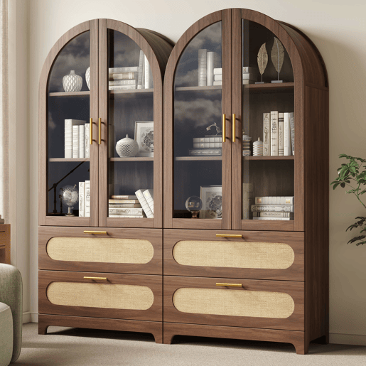 Vitrine-livraria 175 x 80 x 40 cm - design retro com 2 arcos Montmartre, 2 gavetas e prateleiras ajustáveis - nogueira