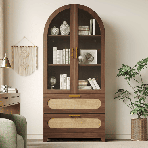 Vitrine-livraria 175 x 80 x 40 cm - design retro com 2 arcos Montmartre, 2 gavetas e prateleiras ajustáveis - nogueira