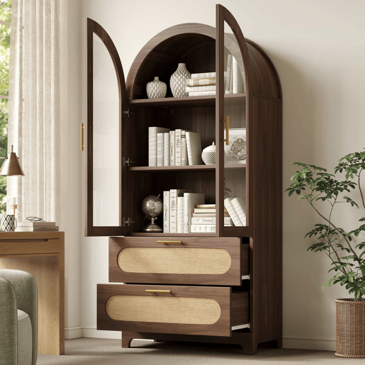 Vitrine-livraria 175 x 80 x 40 cm - design retro com 2 arcos Montmartre, 2 gavetas e prateleiras ajustáveis - nogueira