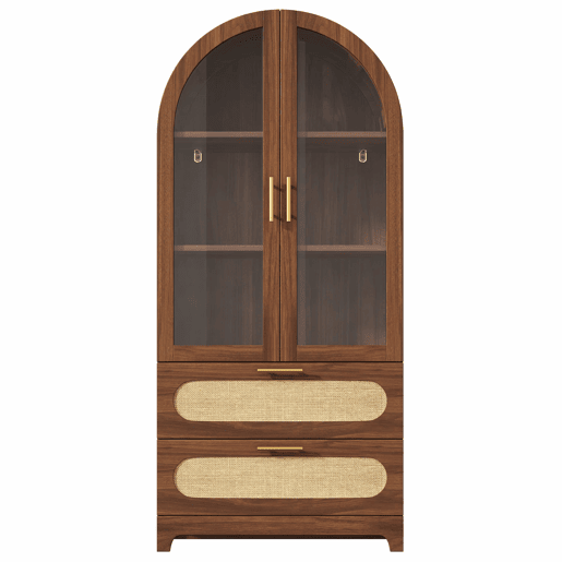 Vitrine-livraria 175 x 80 x 40 cm - design retro com 2 arcos Montmartre, 2 gavetas e prateleiras ajustáveis - nogueira