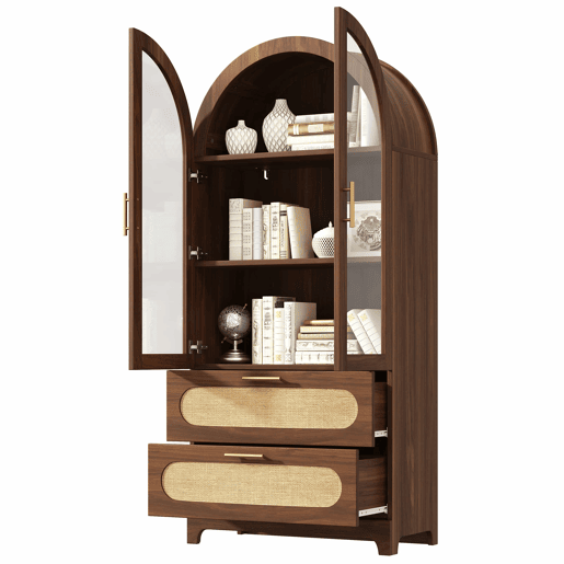 Vitrine-livraria 175 x 80 x 40 cm - design retro com 2 arcos Montmartre, 2 gavetas e prateleiras ajustáveis - nogueira