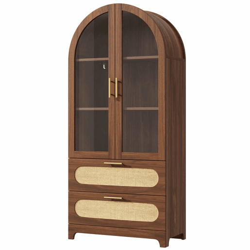 Vitrine-livraria 175 x 80 x 40 cm - design retro com 2 arcos Montmartre, 2 gavetas e prateleiras ajustáveis - nogueira