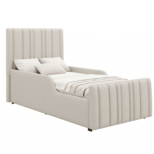 Cama individual estofada para criança 90x200 cm - cama com sistema hidráulico, base de lâminas, cabeceira acolchoada, amplo espaço de arrumação - bege