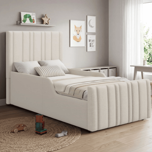 Cama individual estofada para criança 90x200 cm - cama com sistema hidráulico, base de lâminas, cabeceira acolchoada, amplo espaço de arrumação - bege