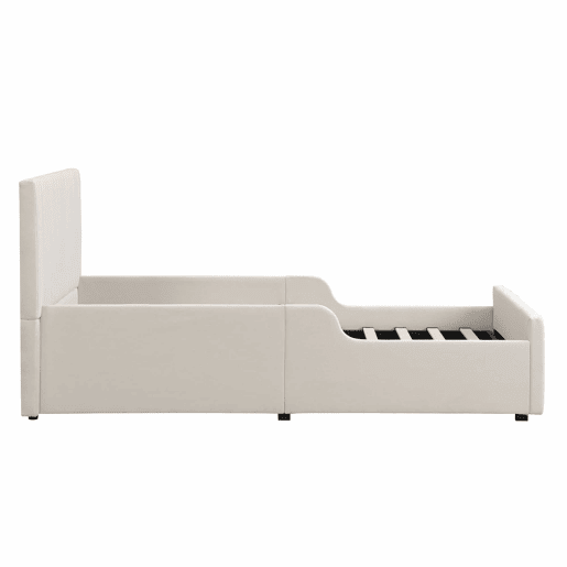 Cama individual estofada para criança 90x200 cm - cama com sistema hidráulico, base de lâminas, cabeceira acolchoada, amplo espaço de arrumação - bege
