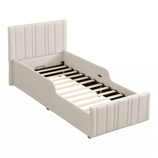 Cama individual estofada para criança 90x200 cm - cama com sistema hidráulico, base de lâminas, cabeceira acolchoada, amplo espaço de arrumação - bege