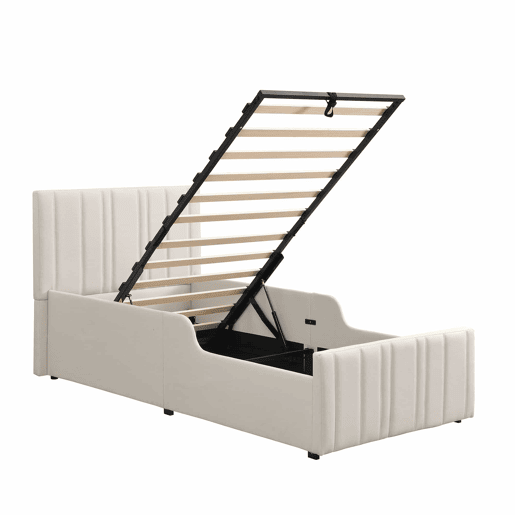 Cama individual estofada para criança 90x200 cm - cama com sistema hidráulico, base de lâminas, cabeceira acolchoada, amplo espaço de arrumação - bege