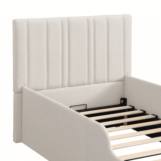 Cama individual estofada para criança 90x200 cm - cama com sistema hidráulico, base de lâminas, cabeceira acolchoada, amplo espaço de arrumação - bege