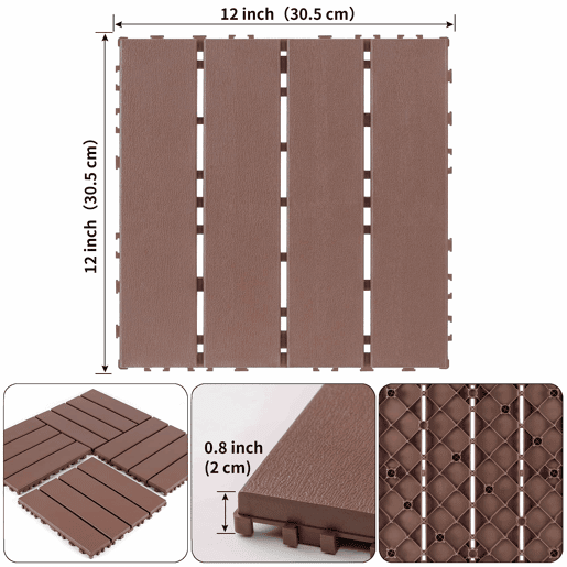 Ladrilhos de plástico encaixáveis para terraço 30 x 30 cm - 44 peças, impermeáveis, para uso interior e exterior, adequados para todas as condições meteorológicas, sistema modular de encaixe - vermelho e castanho