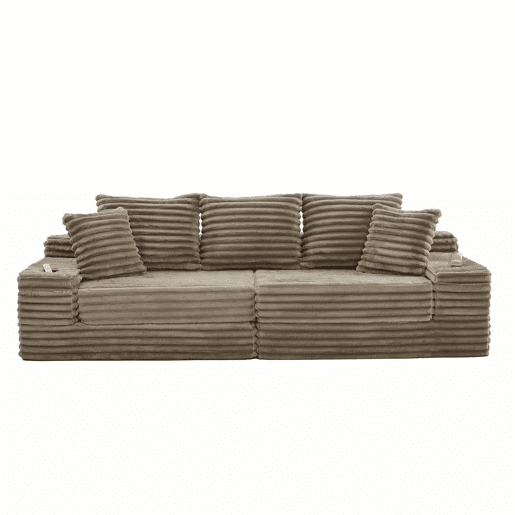Sofá de 4 lugares - encosto alto, almofadas adicionais, bolsos e porta-copos laterais, convertível em cama, estofamento macio - Cáqui