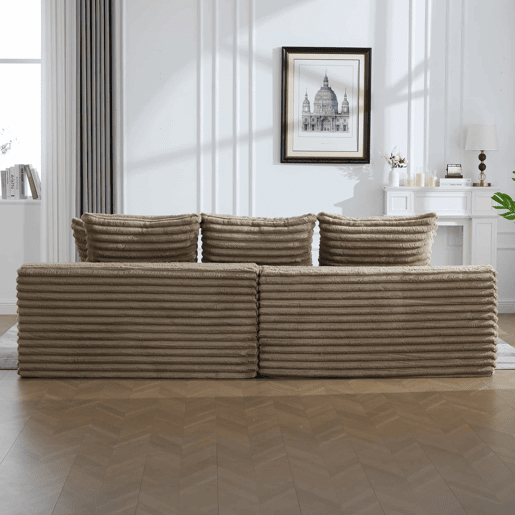 Sofá de 4 lugares - encosto alto, almofadas adicionais, bolsos e porta-copos laterais, convertível em cama, estofamento macio - Cáqui