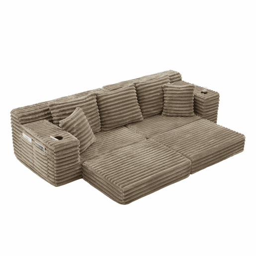 Sofá de 4 lugares - encosto alto, almofadas adicionais, bolsos e porta-copos laterais, convertível em cama, estofamento macio - Cáqui