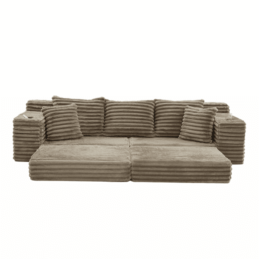 Sofá de 4 lugares - encosto alto, almofadas adicionais, bolsos e porta-copos laterais, convertível em cama, estofamento macio - Cáqui