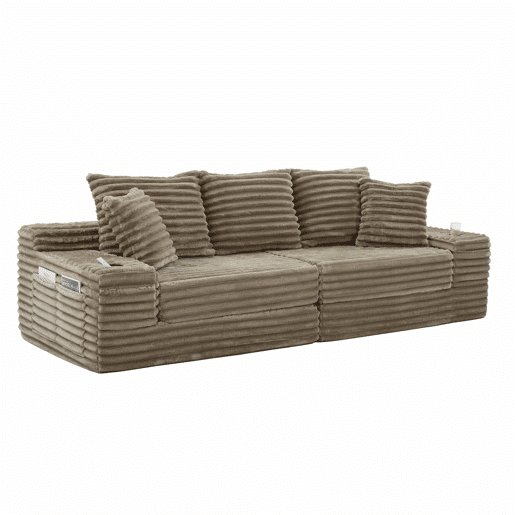 Sofá de 4 lugares - encosto alto, almofadas adicionais, bolsos e porta-copos laterais, convertível em cama, estofamento macio - Cáqui