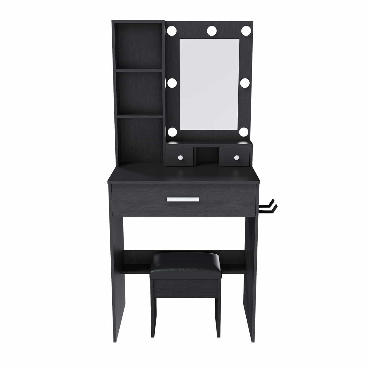 Consola de tocador 60x131,5 - con espejo, iluminación led ajustable, enchufe, soporte para secador de pelo y taburete acolchado - color negro