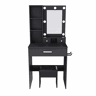 Mesa de maquilhagem 60 x 131,5 cm u2013 com espelho, iluminação LED regulável, tomada, suporte para secador de cabelo e banco almofadado u2013 cor preta