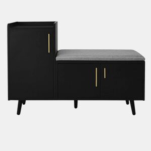 Banco de sapateiro 100 x 34 x 69 cm - moderno, com três portas de arrumação, puxadores metálicos assimétricos e vários níveis de organização - preto