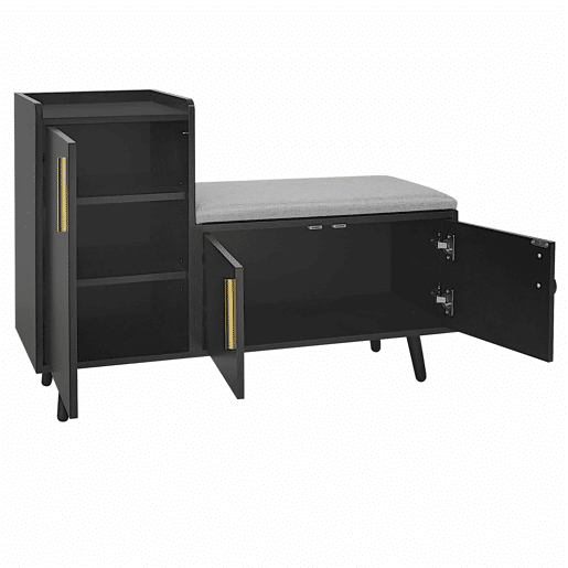 Banco de sapateiro 100 x 34 x 69 cm - moderno, com três portas de arrumação, puxadores metálicos assimétricos e vários níveis de organização - preto