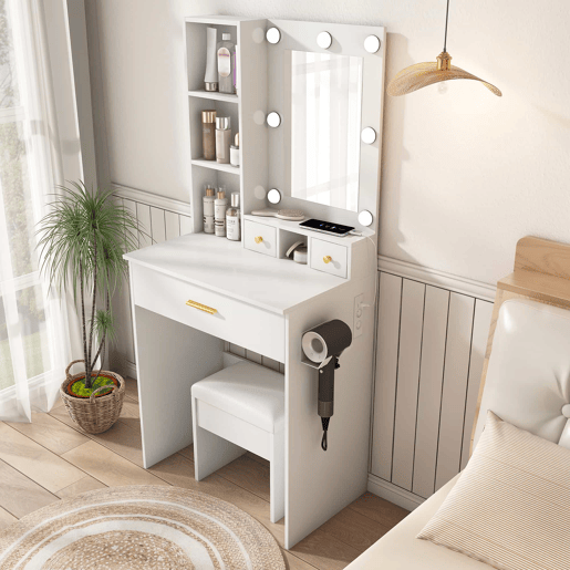 Mesa de maquilhagem 60x131,5 - Espelho, iluminação LED regulável, tomada, suporte para secador e banco almofadado - Branco