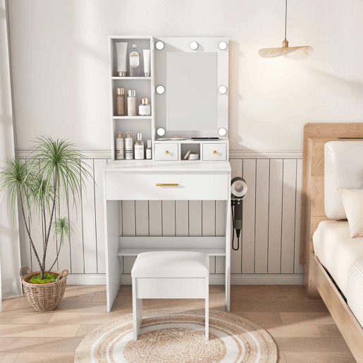 Mesa de maquilhagem 60x131,5 - Espelho, iluminação LED regulável, tomada, suporte para secador e banco almofadado - Branco