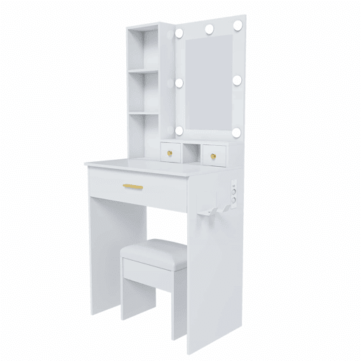 Mesa de maquilhagem 60x131,5 - Espelho, iluminação LED regulável, tomada, suporte para secador e banco almofadado - Branco