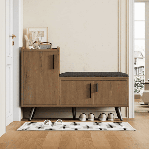 Banco baú 100 x 34 x 69 cm - 3 portas de arrumação, puxadores metálicos assimétricos, vários níveis de arrumação - Natural