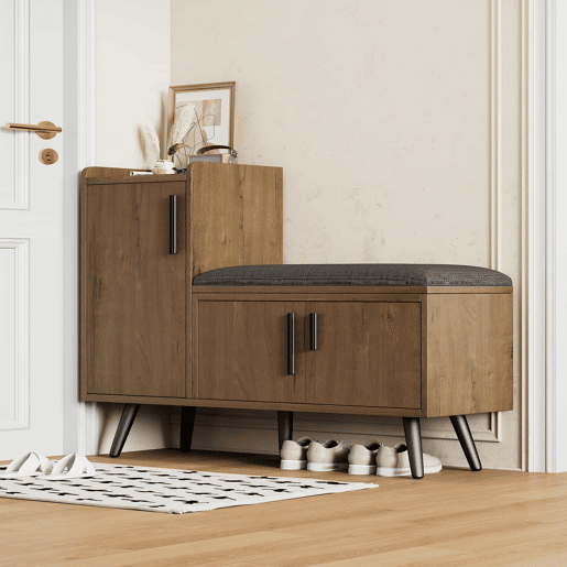 Banco baú 100 x 34 x 69 cm - 3 portas de arrumação, puxadores metálicos assimétricos, vários níveis de arrumação - Natural