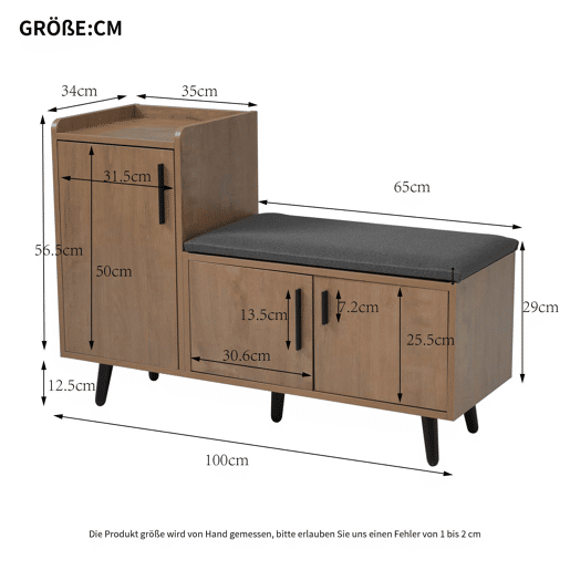 Banco baú 100 x 34 x 69 cm - 3 portas de arrumação, puxadores metálicos assimétricos, vários níveis de arrumação - Natural