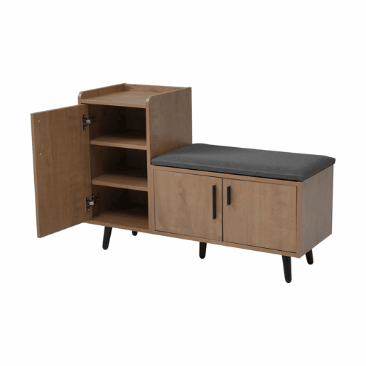 Banco baú 100 x 34 x 69 cm - 3 portas de arrumação, puxadores metálicos assimétricos, vários níveis de arrumação - Natural
