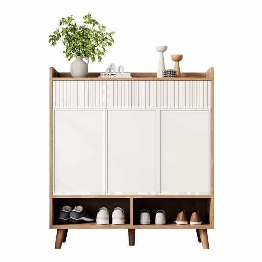 Aparador para sapatos 90x35x100 cm - 3 portas, 2 gavetas, pés de madeira, para corredor e hall de entrada - Branco e madeira natural