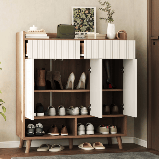 Aparador para sapatos 90x35x100 cm - 3 portas, 2 gavetas, pés de madeira, para corredor e hall de entrada - Branco e madeira natural