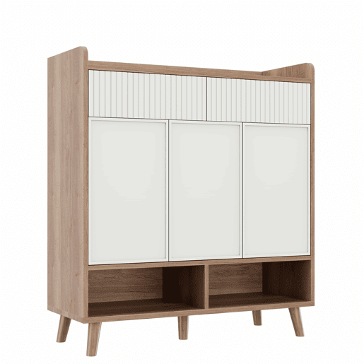 Aparador para sapatos 90x35x100 cm - 3 portas, 2 gavetas, pés de madeira, para corredor e hall de entrada - Branco e madeira natural