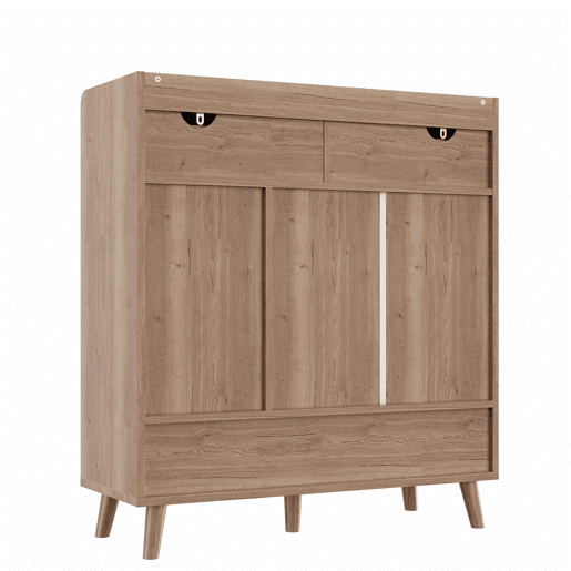 Aparador para sapatos 90x35x100 cm - 3 portas, 2 gavetas, pés de madeira, para corredor e hall de entrada - Branco e madeira natural
