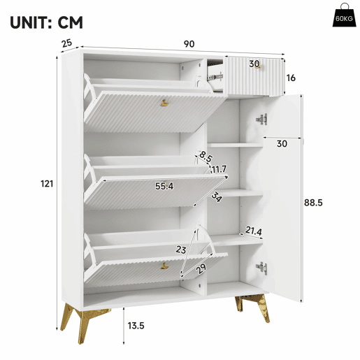 Armário estreito 121 x 90 x 25 cm - 3 portas basculantes, 1 gaveta e 1 porta - branco