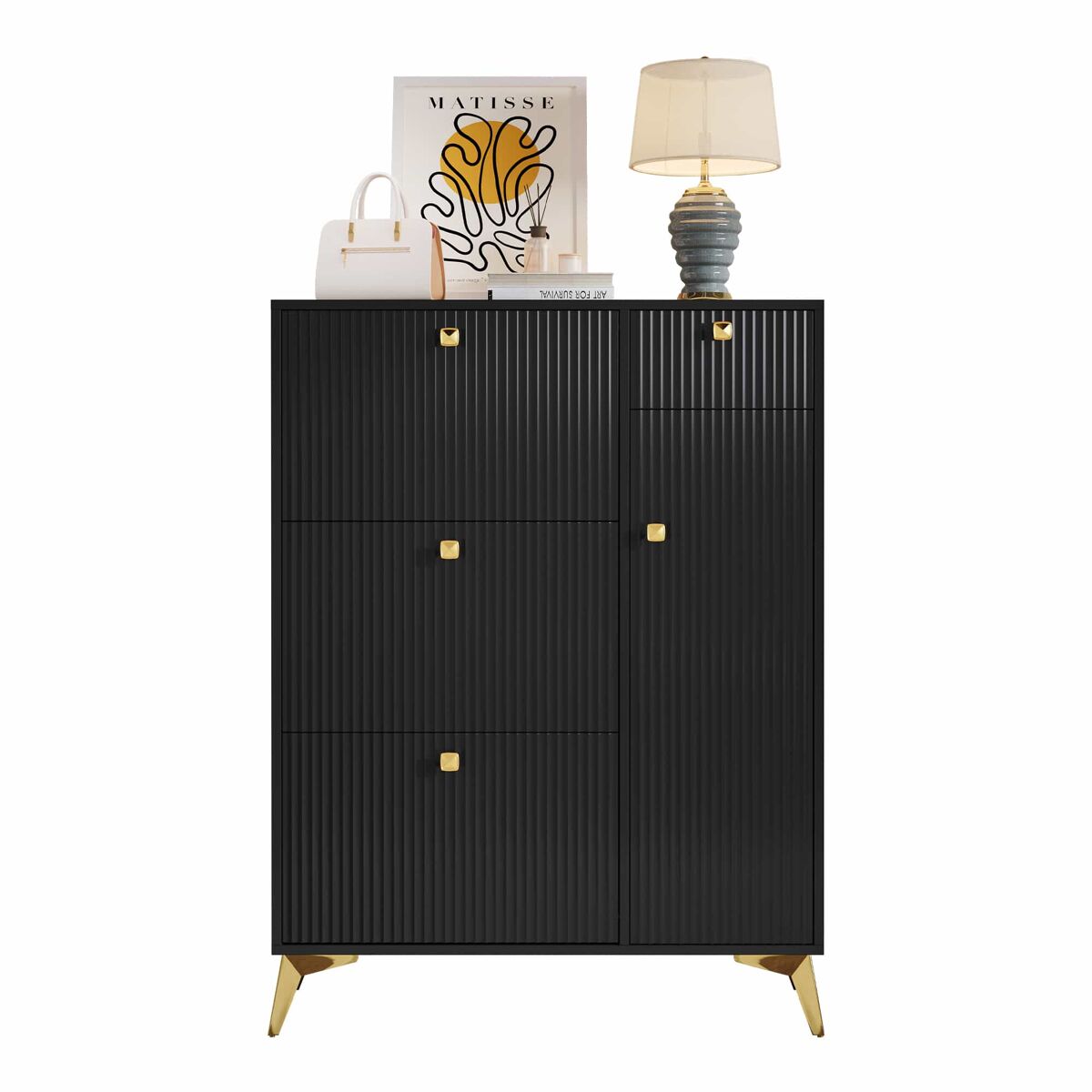 Zapatero 121x90x25 cm - 3 abatibles, 1 cajón y 1 puerta - negro