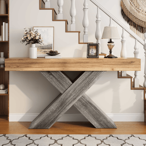 Mesa de console estreita - pés em X, efeito madeira, tampo em aglomerado, para a entrada e a sala de estar, mesa auxiliar - Natural