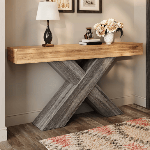 Mesa de console estreita - pés em X, efeito madeira, tampo em aglomerado, para a entrada e a sala de estar, mesa auxiliar - Natural