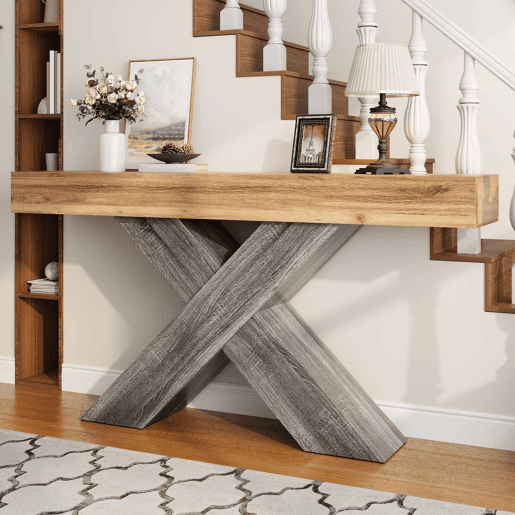 Mesa de console estreita - pés em X, efeito madeira, tampo em aglomerado, para a entrada e a sala de estar, mesa auxiliar - Natural