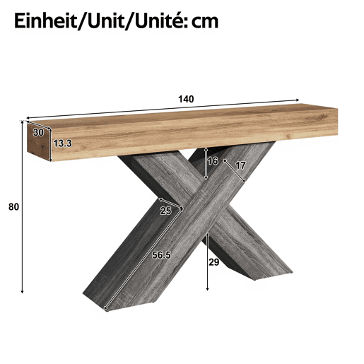 Mesa de console estreita - pés em X, efeito madeira, tampo em aglomerado, para a entrada e a sala de estar, mesa auxiliar - Natural