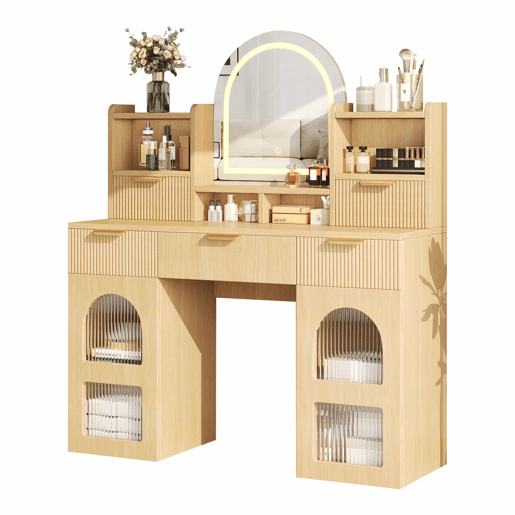 Penteadeira 120 x 40 x 139,5 cm - iluminação LED e espelho, 3 gavetas, 2 armários com portas de vidro e prateleiras - Natural