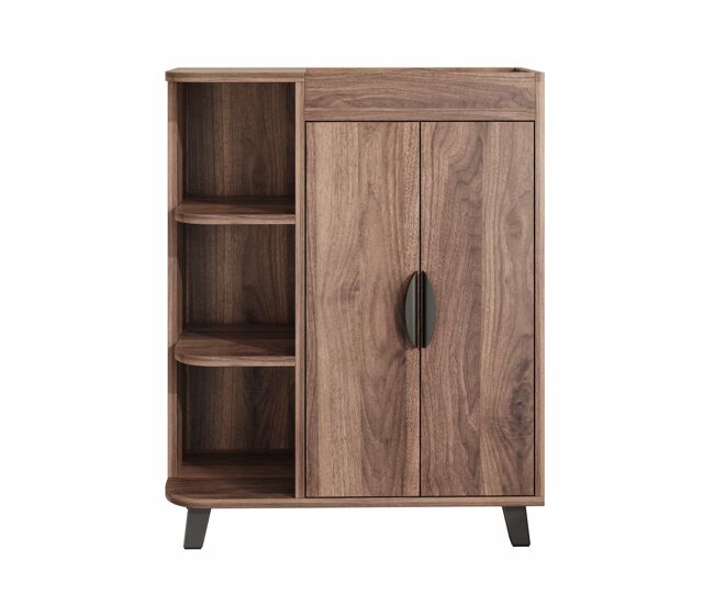 Zapatero estrecho doble puerta pequeño - con estantes abiertos, diseño multifuncional para recibidor, estante superior, estilo madera - nogal