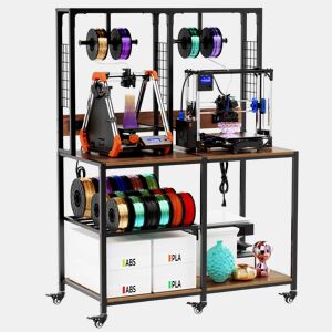 Suporte duplo para impressoras 3D, para 2 impressoras 3D u2013 estrutura metálica com compartimento para filamentos, suporte em T, rodas com travão, mesa de trabalho móvel ou fixa para uso doméstico e em oficina u2013 preto