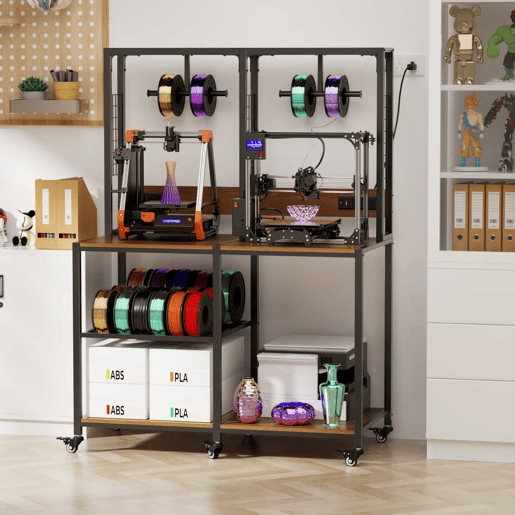 Suporte duplo para impressoras 3D, para 2 impressoras 3D u2013 estrutura metálica com compartimento para filamentos, suporte em T, rodas com travão, mesa de trabalho móvel ou fixa para uso doméstico e em oficina u2013 preto