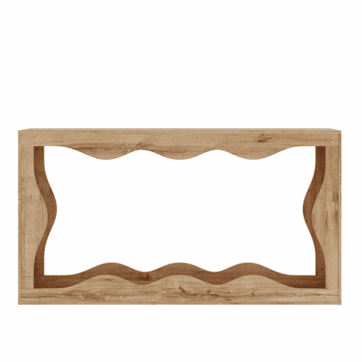 Console de entrada de 2 níveis - design com borda ondulada, mesa comprida com acabamento em imitação de madeira, estante para sala de estar e hall de entrada, borda natural, mesa auxiliar decorativa - Natural