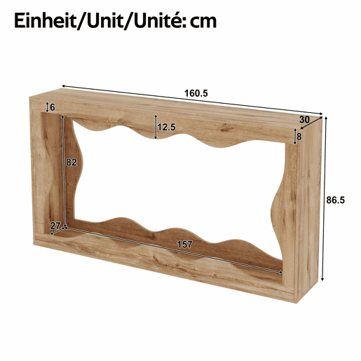 Console de entrada de 2 níveis - design com borda ondulada, mesa comprida com acabamento em imitação de madeira, estante para sala de estar e hall de entrada, borda natural, mesa auxiliar decorativa - Natural
