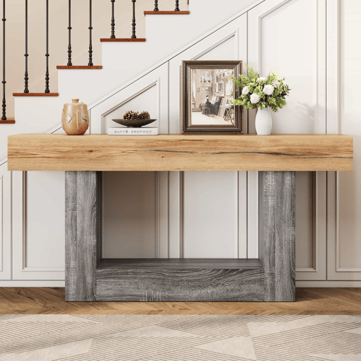 Mesa de entrada - Mesa bicolor com acabamento em madeira, tampo espesso, prateleira inferior de arrumação, material aglomerado - Natural