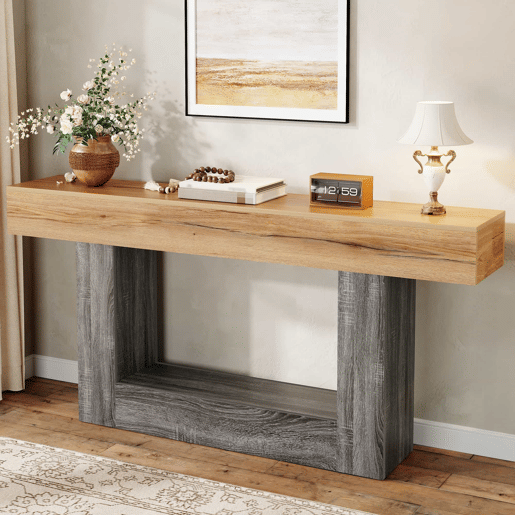 Mesa de entrada - Mesa bicolor com acabamento em madeira, tampo espesso, prateleira inferior de arrumação, material aglomerado - Natural